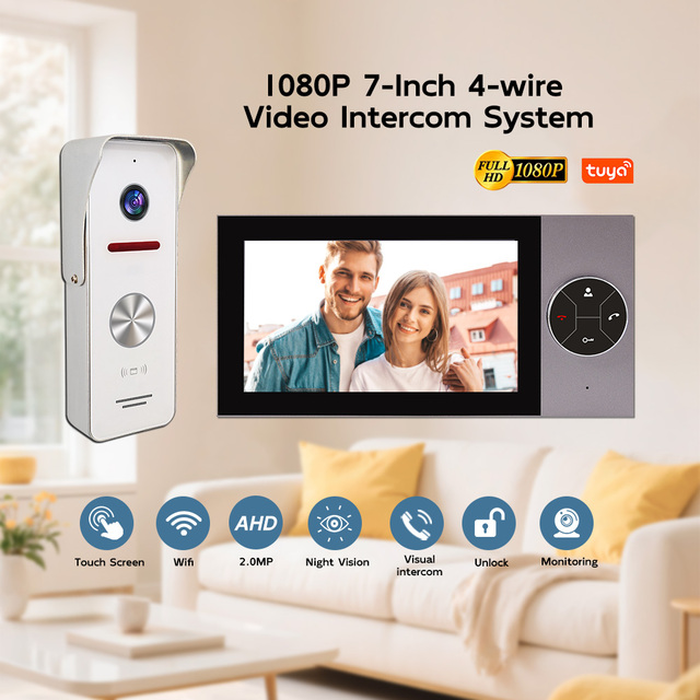 Newest Tuya 1080P WiFi Video Door Phone Intercom System Night Vision Motion Detection 7-inch LCD Monitor 4-Wired Doorbell Camera