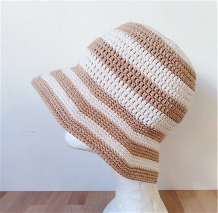 s9032批发条纹渔夫帽春夏太阳巴拿马帽户外斗帽针织钩针帽