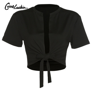 Nuova T-Shirt da Donna a Maniche Corte, Top Corto con Colletto Traforato e Lacci, Stampa Personalizzata, T-shirt Sexy per Donne - Product Image 3