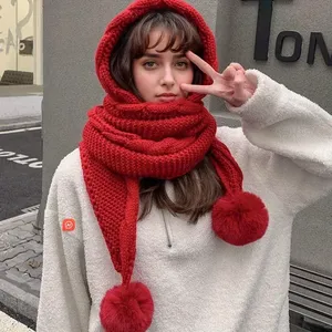 Ensemble bonnet et écharpe d'hiver pour <span class=keywords><strong>femme</strong></span> - 2 pièces - Bonnet en coton thermique avec pompon et <span class=keywords><strong>cagoule</strong></span> - Motif uni pour <span class=keywords><strong>froid</strong></span> extrême - Product Image 2