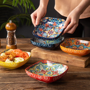 Moroccan Bohemian <b>Ceramic</b> Serving Bowl Square Porcelain Salad <b>Plate</b> Under Glazed Decorative Dish for Home Restaurant - Product Image 1