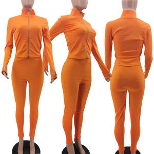 Set pakaian wanita santai dua potong, setelan pakaian wanita, jaket Dan celana Legging lengan panjang, Poly Spandex, Ribbed, dua potong - Product Image 5