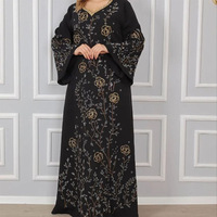 Robe décontractée transfrontalière en polyester ornée de strass thermocollés, grande taille, à manches longues, col en V, couleur unie, coupe ample pour femme