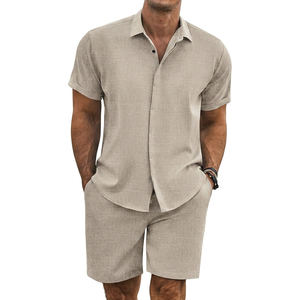 Ensemble chemise et short décontracté pour homme, col rond, beige, manches courtes, imprimé respirant, vêtements d'été légers, coupe classique - Product Image 1