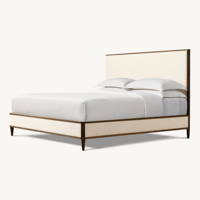 Modernes Minimalistisches Polsterbett mit Massivem Eichenholzrahmen, Stoffkopf- und Fußteil sowie Quadratischen Beinen für Hauptschlafzimmer und Hotelzimmer
