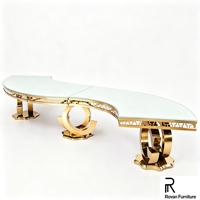 Nouvelle table de banquet de luxe en acier inoxydable doré en forme de S, avec plateau en verre haut de gamme et base ajourée, pour mariage