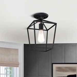 Plafonnier semi-encastré 1 lumière, noir, style industriel, avec cage métallique, pour chambre, couloir, garage, porche, salon - Product Image 3