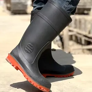 أحذية عمل مطاطية للرجال صناعية بجودة عالية نعل ميدي من الفولاذ الأسود للصوابن أحذية Wellington Safety PVC
