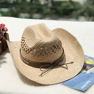 YD198 Topi Koboi Wanita Bepergian Musim Panas Pria Buatan Tangan Luar Ruangan Topi Panama Kertas Potongan Topi Jerami Rafia Pantai Matahari