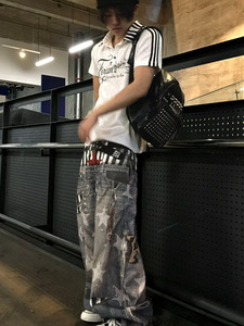 <b>Wide</b> <b>Leg</b> <b>Men</b> Jeans Star Print Denim Pants Baggy Casual Streetwear <b>Trousers</b> - Product Image 2