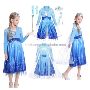 长袖女婴艾尔莎公主2雪蓝派对礼服配假发万圣节角色扮演嘉年华服装装扮