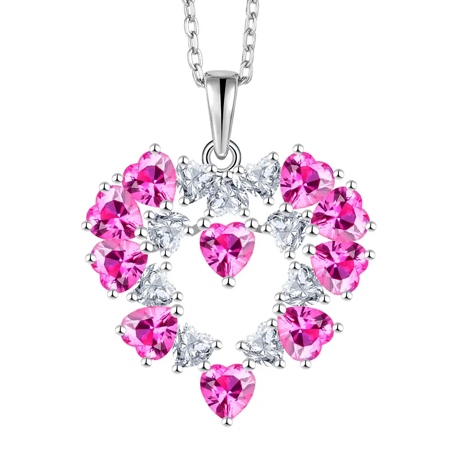 Colar de coração personalizado por atacado banhado a platina amor 925 prata esterlina rosa CZ pingente de coração de diamante colar para mulheres