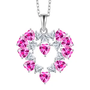 Wholesale Customized Heart Necklace Platinum Plated Love 925 Sterling Silver Pink CZ Diamond Heart Pendant Necklace for Women