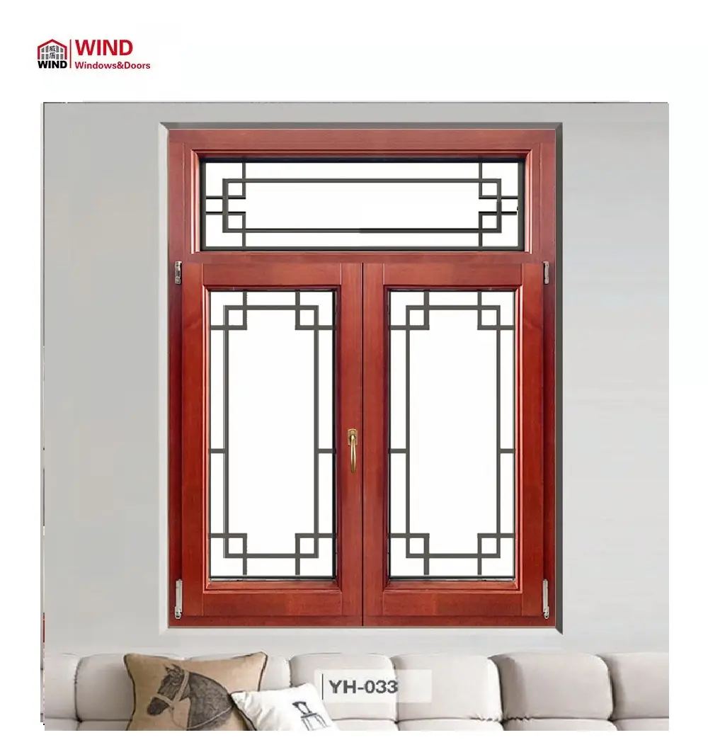 Ventana de viento con diseño de parrilla, ventana de madera y aluminio, ventana abatible y abatible, fabricante en China