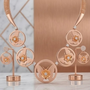 Bijoux de mariage de luxe, collier circulaire floral en argent 925 plaqué or rose italien, ensemble avec boucles d'oreilles assorties, bijoux de créateur - Product Image 1