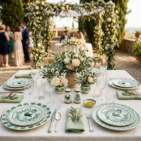 Assiettes en porcelaine vert foncé dessinées à la main, style européen, motifs floraux, vaisselle en céramique, assiettes à dessert et à salade pour mariage
