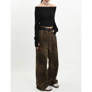 2025 marrón 2XL mujer Y2K holgado pierna ancha pantalones vaqueros de cintura alta estampado de leopardo estilo Animal transpirable arco bolsillos utilidad Pantalones - Product Image 5