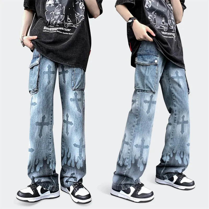Calça jeans masculina personalizada de verão, perna reta, hip hop, perna larga empilhada, jeans