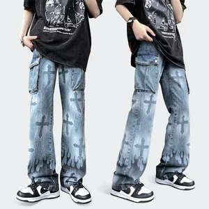 Individuelle High Street Drop-Off Herren Jeans Hosen Sommer gerades Bein Hip Hop weites Bein gestapelte Denim-Jeans