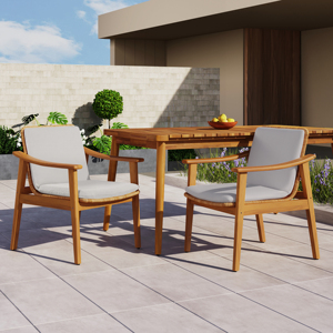 Modern Outdoor Dining Chairs Set of 2 Teak Color Acacia Wood <b>Frame</b> Brown PE Wicker <b>Grey</b> Waterproof Cushion for Home & Hotel Use - Product Image 1