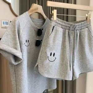 Ensemble de vêtements de sport décontractés Smiley Face pour femmes, deux pièces, coupe ample, manches courtes, polyester, gris et violet, été - Product Image 2