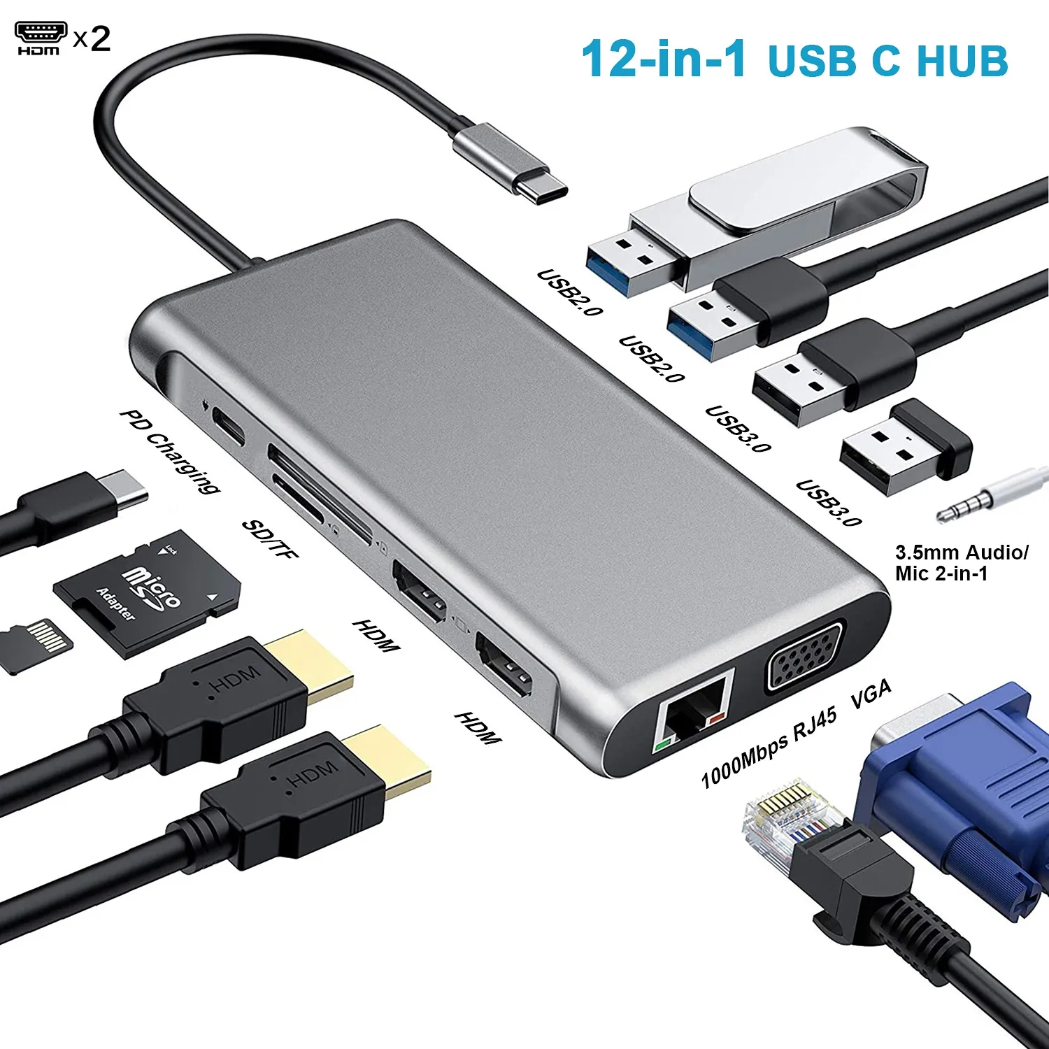 12 in 1 USB tipi C Hub tip-c 2 hdmi uyumlu 4K VGA adaptörü RJ4 5 lan Ethernet S D TF PD 3.5mm ses/mikrofon için Pro OTG