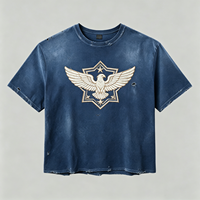 T-shirt brodé Aigle vieilli, bleu délavé, en coton épais, pour homme, style vintage streetwear, motif graphique, coupe oversize