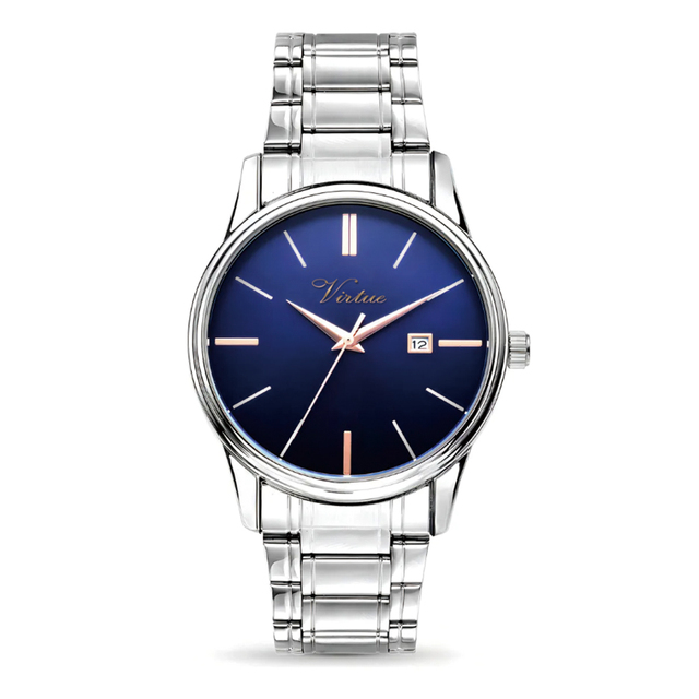 2026 Virtue Custom Watches with logo Business Men Blue Sunray Dial Calendar Quartz Movement 22mm Stainless Steel Strap