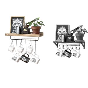 Solid Wood And Wrought Iron Wall Mounted Storage Rack With <b>Hooks</b> For Coffee Cups And Spices Kitchen Organizer - Product Image 5