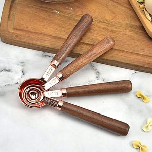 High Quality Metal Rose Gold Plated <b>Measuring</b> <b>Spoons</b> Set with Wooden Handle Round Shape Kitchen Utensils - Product Image 2