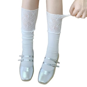 White Ruffled Lace Slouch <b>Socks</b> Women's Calf Length Breathable Cotton Ballet Style <b>Socks</b> For Youth 18-40 Years Old - Product Image 4