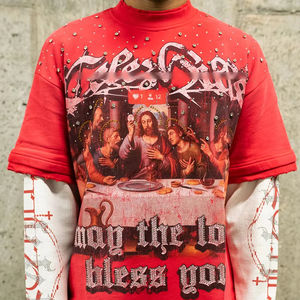 T-shirt à manches longues Yingling <span class=keywords><strong>Waffle</strong></span> Panel avec logo en strass pour homme, coupe ample, impression DTG, vente en gros - Product Image 1