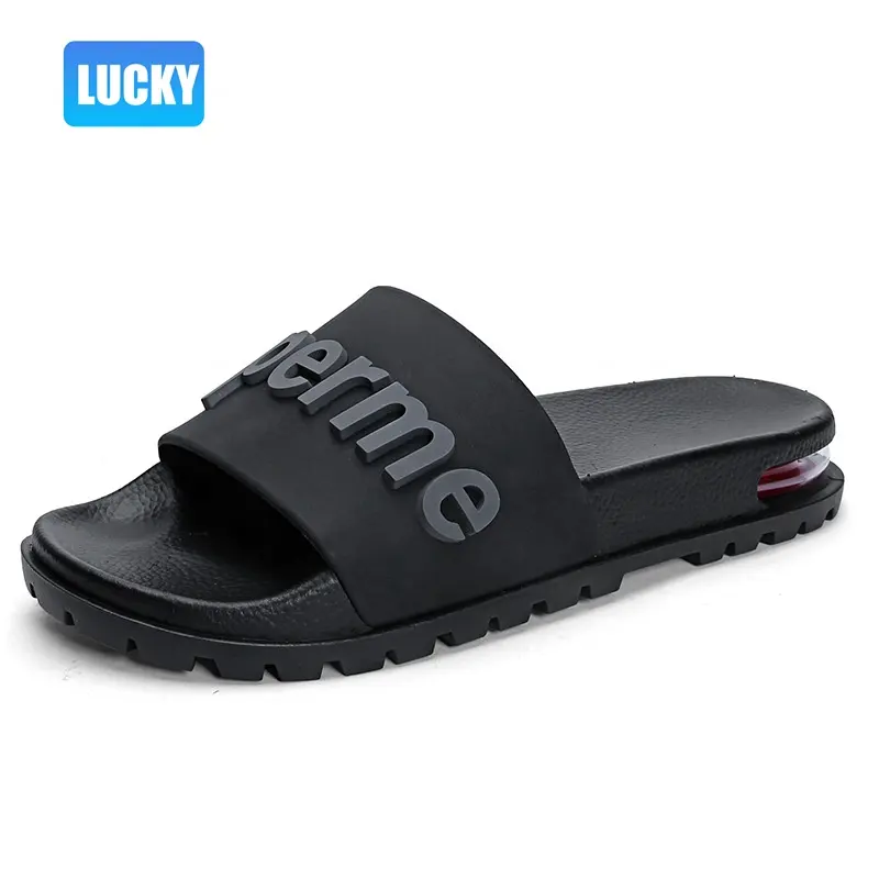 Large Size Leather Slippers for Men 3D Logo Printed Blank Slides with Air Cushion Sole Factory Women Custom Flat Flip Flops