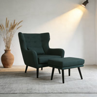 CARLFORD Geknöpfter Wingback-Akzentsessel mit Hocker, Gepolsterter Stoffsessel, Loungesessel mit Metallbeinen für das Wohnzimmer