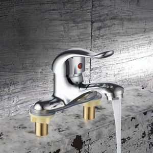 Robinet de lavabo chromé à design moderne et épuré, monocommande, double trou, <span class=keywords><strong>en</strong></span> alliage de <span class=keywords><strong>zinc</strong></span>, à montage sur plan, avec cartouche céramique, pour eau froide et chaude - Product Image 3