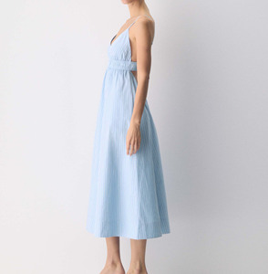Robe longue élégante et sexy pour femme, bleu ciel, col en V, style vintage rayé, taille élastique, idéale pour les vacances d'été - Product Image 2