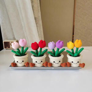 Crochet Flower Pot Handmade Bouquet Desk Decor Mini Cute Hand Woven Knitted <strong>Tulip</strong> Flower Finnshed Flowers Car <strong>Table</strong> Decor Gift - Product Image 1