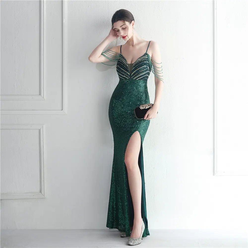 19939# Stock foreign trade fashion red carpet formal occasion beaded chain suspender long evening gown