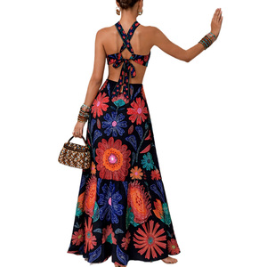 Vestido Largo Bohemio con Estampado Floral, Hombros Descubiertos, Abertura en la Cintura, Espalda Descubierta, Volantes en el Bajo, Transpirable, Ideal para Fiestas y Vacaciones de Verano - Product Image 4