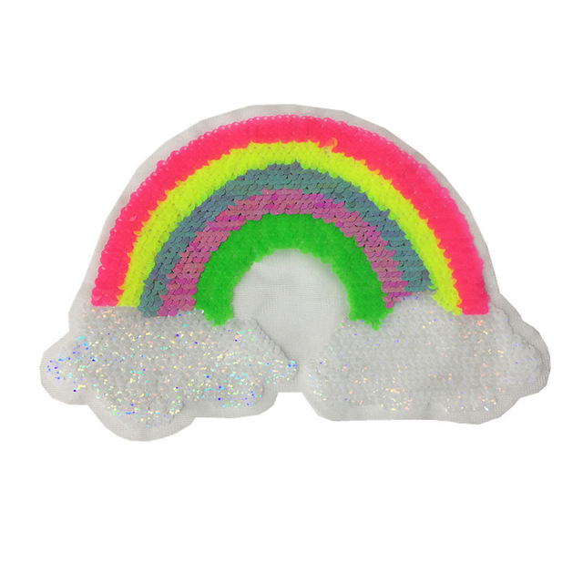 Rainbow Cartoon Reversible Multicolor Sequin Double-Sided Color-Changing Beaded Embroidery PVP Fabric Patch for Clothing