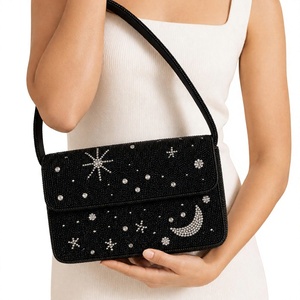 Pochette élégante en lin avec motif étoiles et lune en strass, bandoulière unique, sac de soirée de luxe imperméable fait main pour femme - Product Image 1