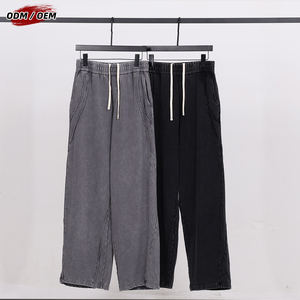 Vintage Heavyweight Cotton Washed <b>Drawstring</b> <b>Trousers</b> High Street Patchwork Raw Hem Men's Distressed Wide Leg Pants - Product Image 2