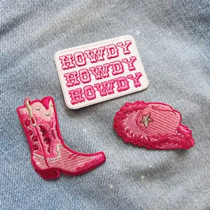 Özel Logo işlemeli şapka demir pembe nakış mektup ülke Cowgirl Boot batı Howdy kovboy yama için şapka ceket