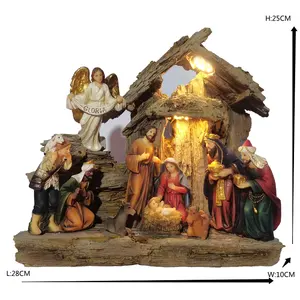 Top Grace 10 Inch Nativity Religious Statue With Led LightResin Broken Wooden Crib Christmas Decoration Outdoor