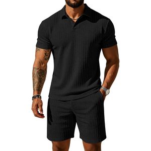 FOXA Mens Polo Shirt And <b>Shorts</b> Set Knitted Breathable Summer Casual Outfit <b>Short</b> Sleeve Twisted Texture Two Piece - Product Image 1