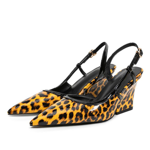 Sandales à talons compensés hauts pour femme, grande taille 45, à bout pointu, à brides, motif léopard sexy, en cuir verni, pour l'été, coupe large - Product Image 6