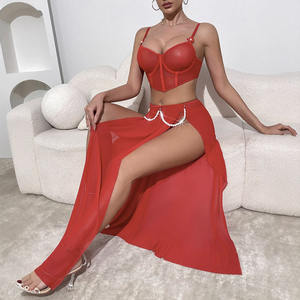 2025 ultimo modello Sexy donna Sexy pigiama rosso abito lungo Push up biancheria intima Sexy con accessori di perle - Product Image 3