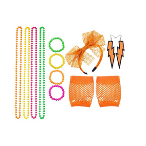 Conjunto de accesorios de disfraz para mujer de los años 80: collar de cuentas de neón, pulsera, diadema de encaje, pendientes de rayo y guantes de rejilla para fiesta de graduación - Product Image 2