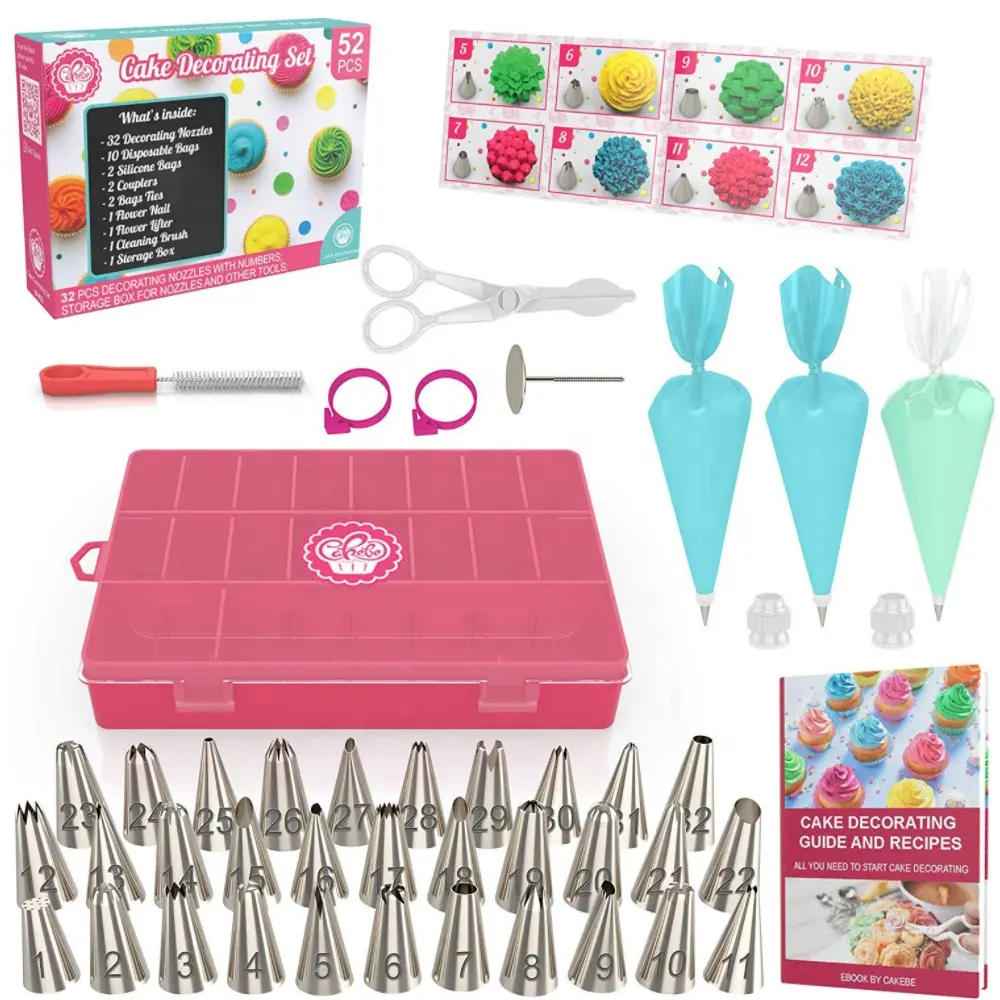 52pcs Stainless Steel Cake Decorating Set Baking Tools Bakeware Tips Nozzles Set with Pastry Bags Nails Brush Cake Tools