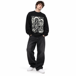 Sweat-shirt à col rond personnalisé avec impression d'anime, noir et blanc, motif <span class=keywords><strong>manga</strong></span>, coupe oversize, épaules tombantes, coton épais, vente en gros - Product Image 2